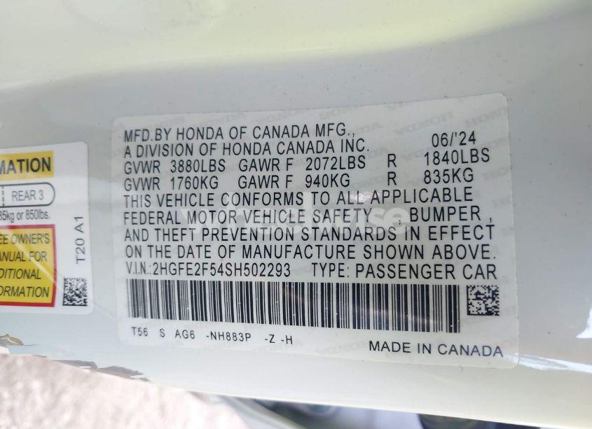 Photo 9 of 2025 Honda Civic SPORT (VIN 2HGFE2F54SH502293)