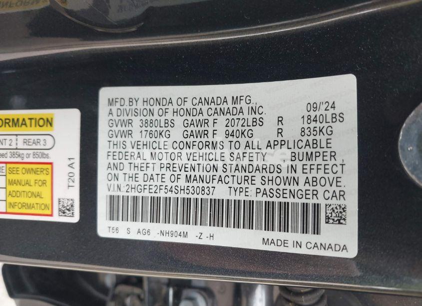 Photo 9 of 2025 Honda Civic SPORT (VIN 2HGFE2F54SH530837)