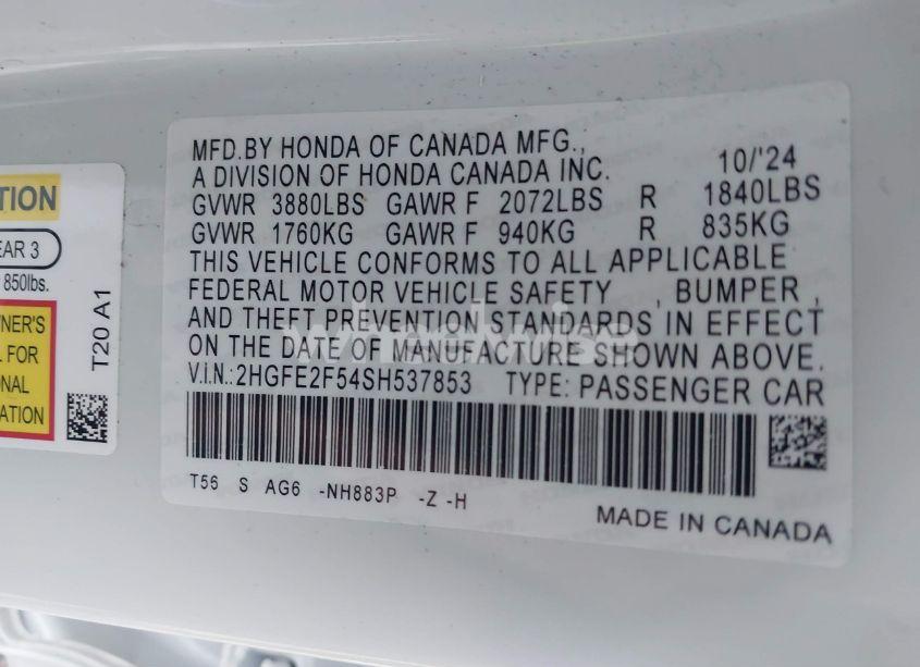 Photo 9 of 2025 Honda Civic SPORT (VIN 2HGFE2F54SH537853)