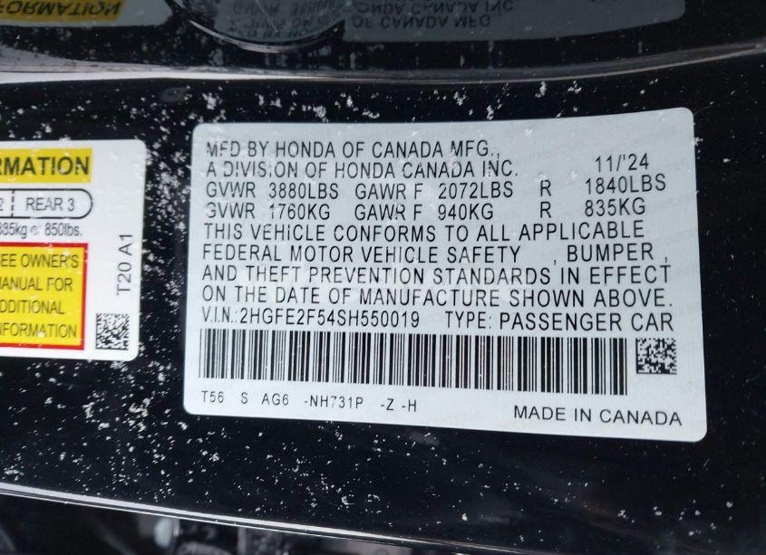 Photo 9 of 2025 Honda Civic SPORT (VIN 2HGFE2F54SH550019)