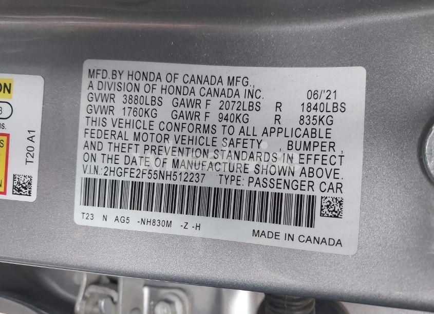 Photo 9 of 2022 Honda Civic SPORT (VIN 2HGFE2F55NH512237)