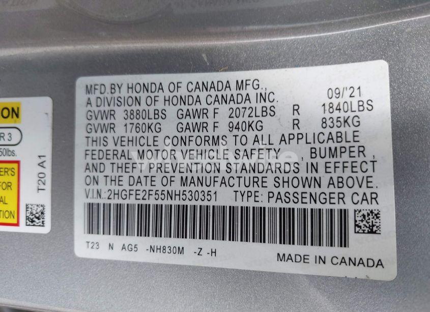 Photo 9 of 2022 Honda Civic SPORT (VIN 2HGFE2F55NH530351)