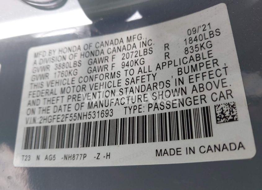 Photo 9 of 2022 Honda Civic SPORT (VIN 2HGFE2F55NH531693)