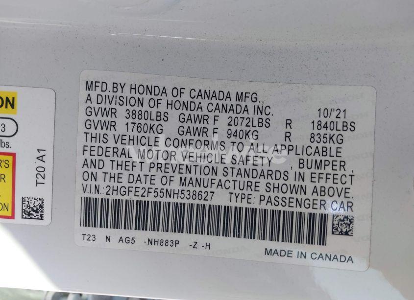 Photo 9 of 2022 Honda Civic SPORT (VIN 2HGFE2F55NH538627)