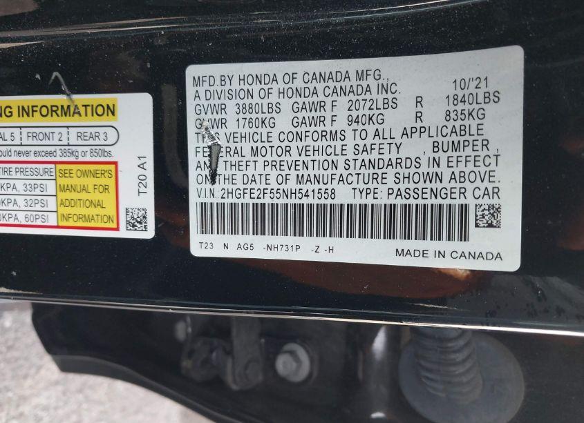 Photo 9 of 2022 Honda Civic SPORT (VIN 2HGFE2F55NH541558)
