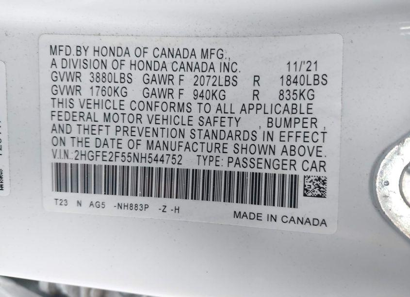 Photo 9 of 2022 Honda Civic SPORT (VIN 2HGFE2F55NH544752)