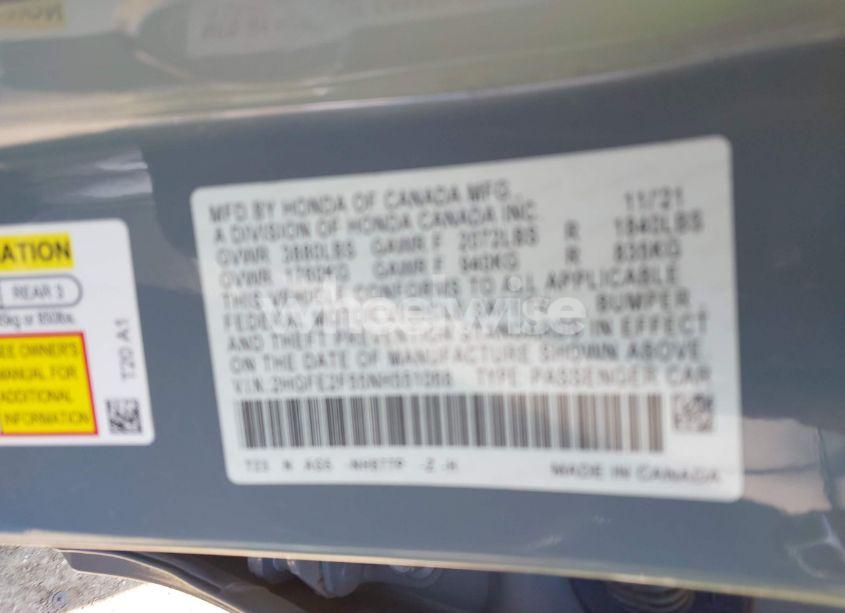 Photo 9 of 2022 Honda Civic SPORT (VIN 2HGFE2F55NH551068)