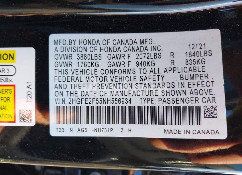 Photo 9 of 2022 Honda Civic SPORT (VIN 2HGFE2F55NH556934)