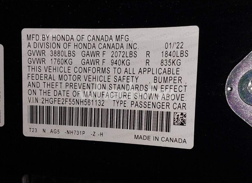 Photo 9 of 2022 Honda Civic SPORT (VIN 2HGFE2F55NH561132)