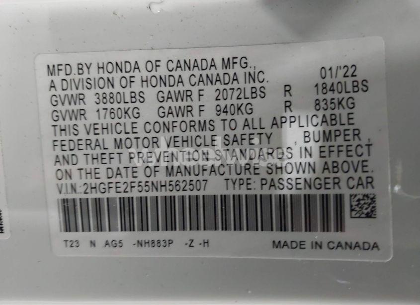 Photo 9 of 2022 Honda Civic SPORT (VIN 2HGFE2F55NH562507)