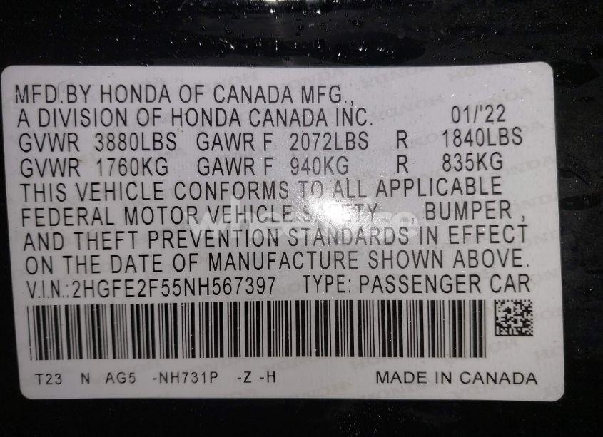 Photo 9 of 2022 Honda Civic SPORT (VIN 2HGFE2F55NH567397)