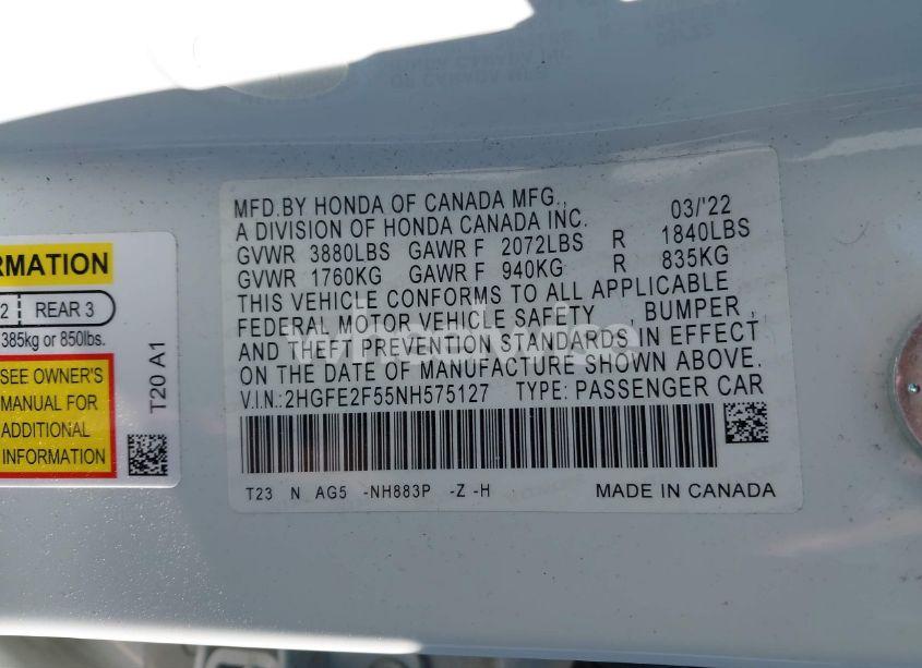 Photo 9 of 2022 Honda Civic SPORT (VIN 2HGFE2F55NH575127)