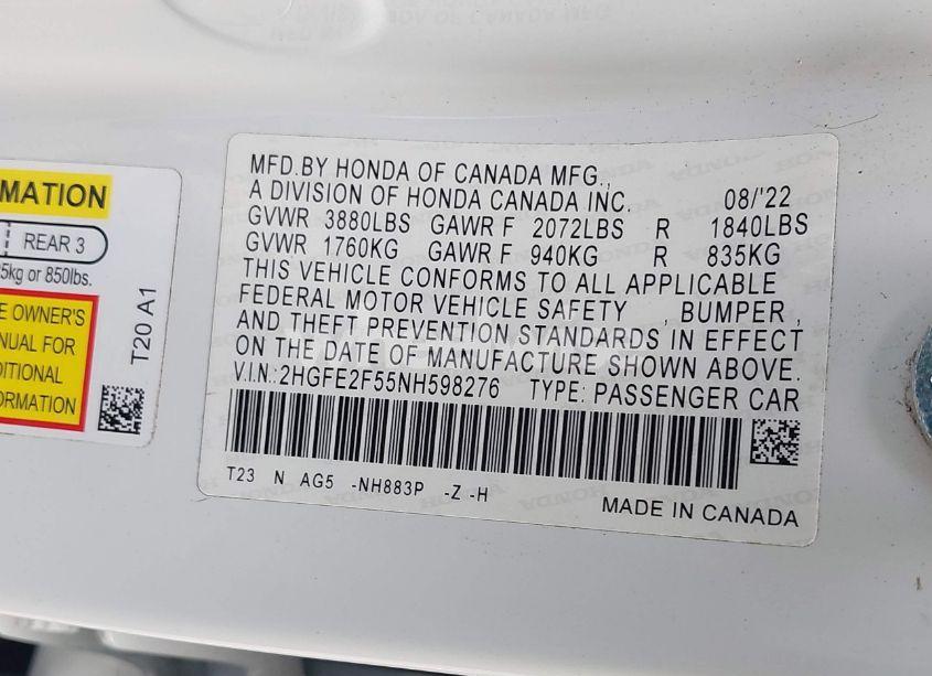 Photo 9 of 2022 Honda Civic SPORT (VIN 2HGFE2F55NH598276)