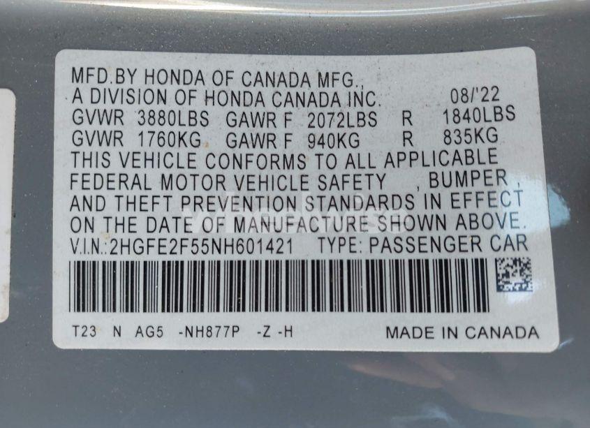 Photo 9 of 2022 Honda Civic SPORT (VIN 2HGFE2F55NH601421)