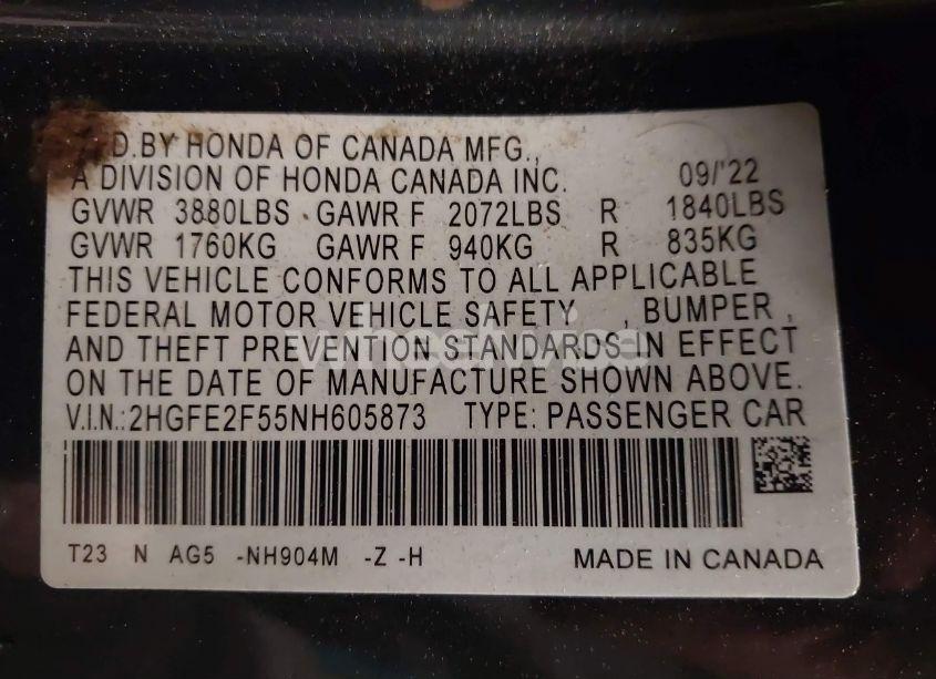 Photo 9 of 2022 Honda Civic SPORT (VIN 2HGFE2F55NH605873)