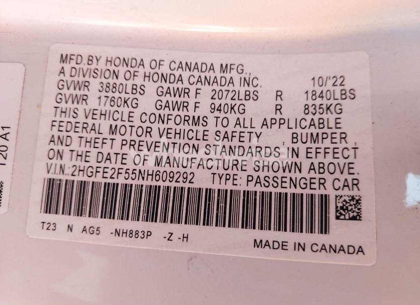 Photo 9 of 2022 Honda Civic SPORT (VIN 2HGFE2F55NH609292)