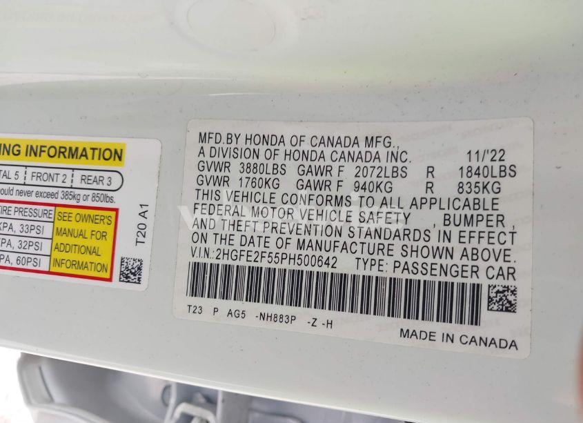 Photo 9 of 2023 Honda Civic SPORT (VIN 2HGFE2F55PH500642)