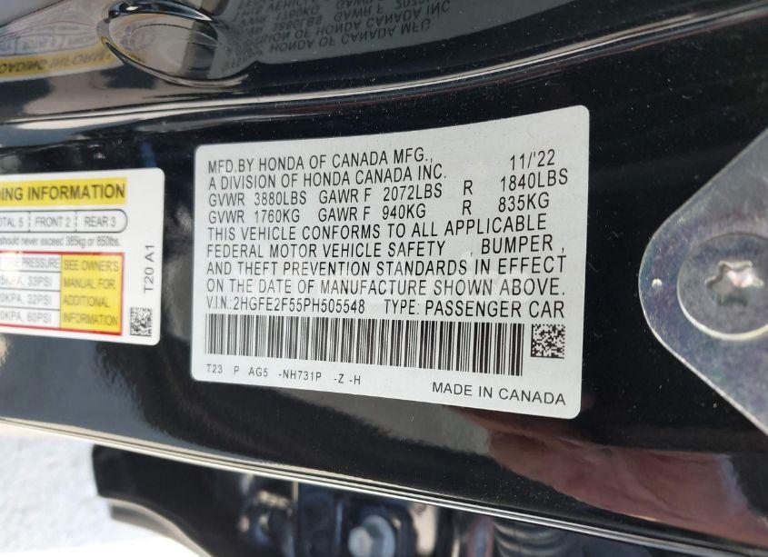 Photo 9 of 2023 Honda Civic SPORT (VIN 2HGFE2F55PH505548)