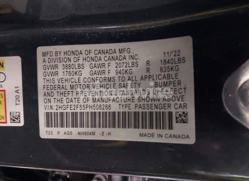 Photo 9 of 2023 Honda Civic SPORT (VIN 2HGFE2F55PH508286)