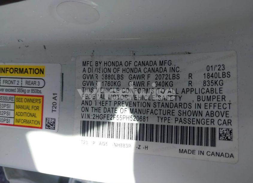 Photo 9 of 2023 Honda Civic SPORT (VIN 2HGFE2F55PH520681)