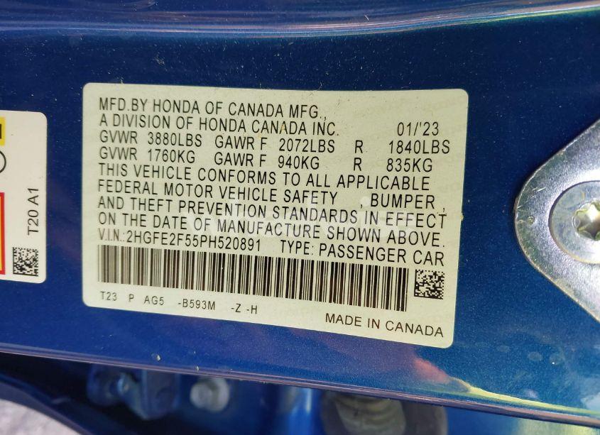 Photo 9 of 2023 Honda Civic SPORT (VIN 2HGFE2F55PH520891)