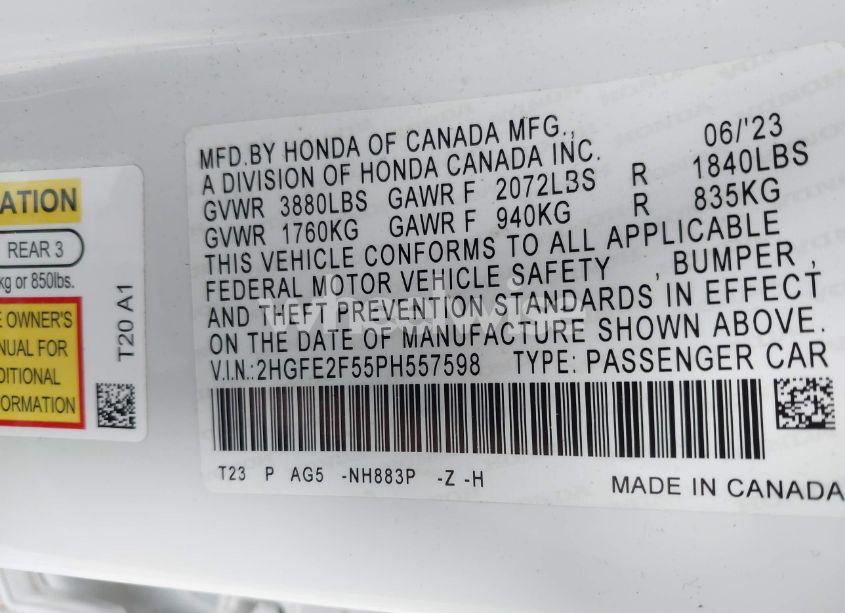 Photo 9 of 2023 Honda Civic SPORT (VIN 2HGFE2F55PH557598)
