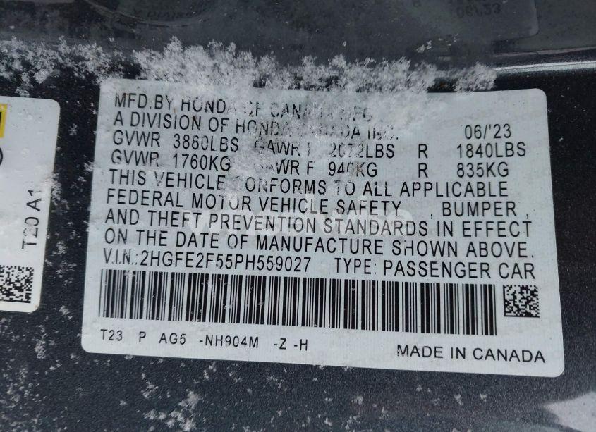 Photo 9 of 2023 Honda Civic SPORT (VIN 2HGFE2F55PH559027)