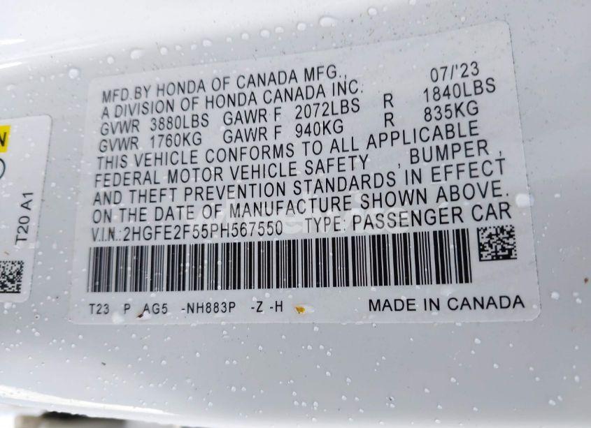 Photo 9 of 2023 Honda Civic SPORT (VIN 2HGFE2F55PH567550)