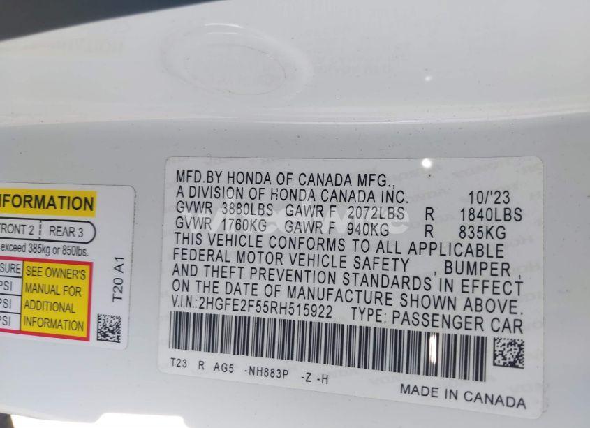 Photo 9 of 2024 Honda Civic SPORT (VIN 2HGFE2F55RH515922)