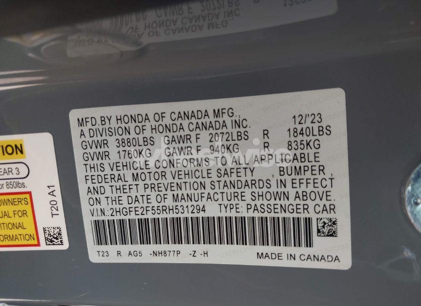 Photo 9 of 2024 Honda Civic SPORT (VIN 2HGFE2F55RH531294)