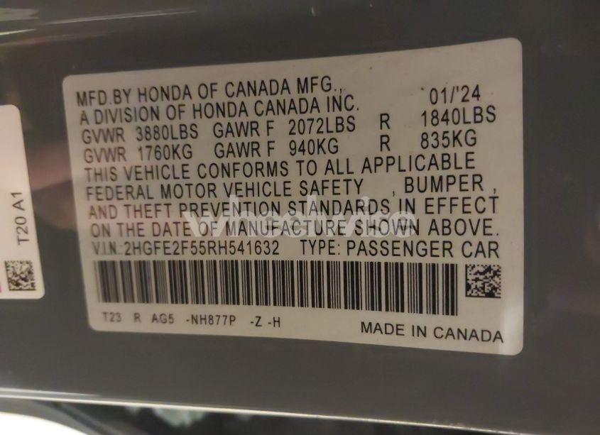 Photo 9 of 2024 Honda Civic SPORT (VIN 2HGFE2F55RH541632)