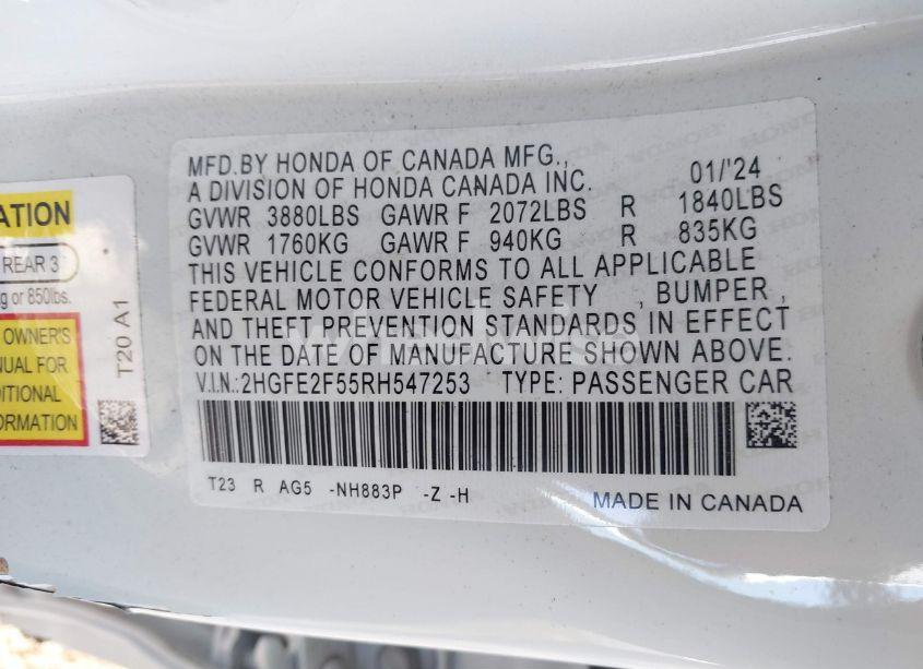 Photo 9 of 2024 Honda Civic SPORT (VIN 2HGFE2F55RH547253)