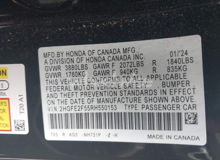 Photo 9 of 2024 Honda Civic SPORT (VIN 2HGFE2F55RH550153)