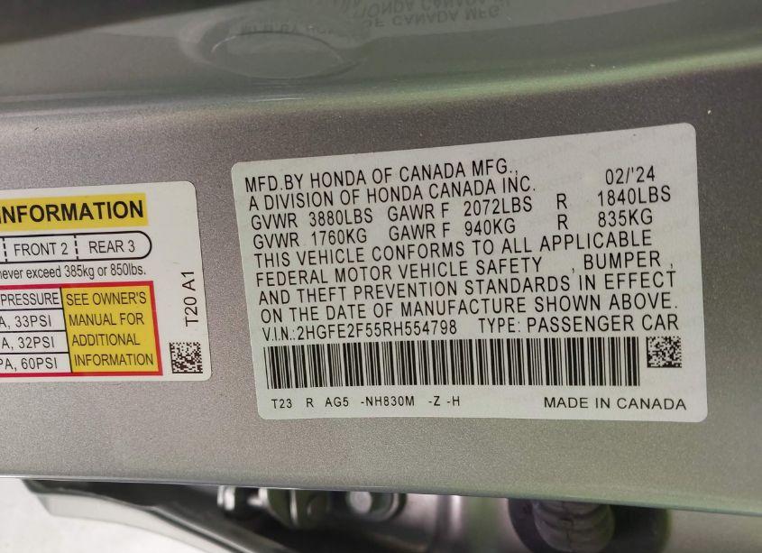 Photo 9 of 2024 Honda Civic SPORT (VIN 2HGFE2F55RH554798)