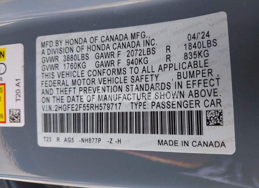 Photo 9 of 2024 Honda Civic SPORT (VIN 2HGFE2F55RH579717)