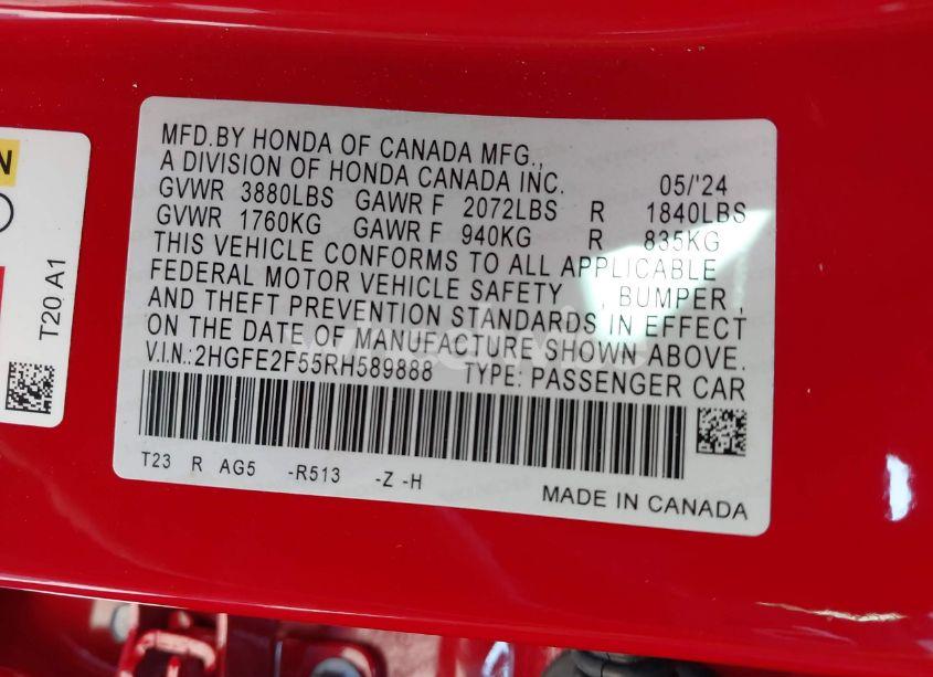 Photo 9 of 2024 Honda Civic SPORT (VIN 2HGFE2F55RH589888)