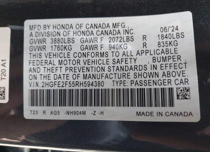 Photo 9 of 2024 Honda Civic SPORT (VIN 2HGFE2F55RH594380)