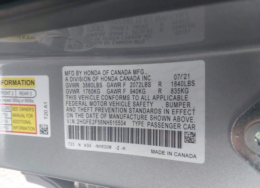 Photo 9 of 2022 Honda Civic SPORT (VIN 2HGFE2F56NH515504)