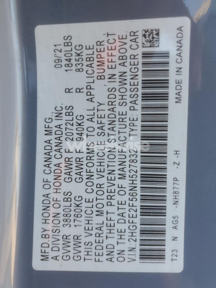 Photo 12 of 2022 HONDA CIVIC SPORT (VIN 2HGFE2F56NH527832)
