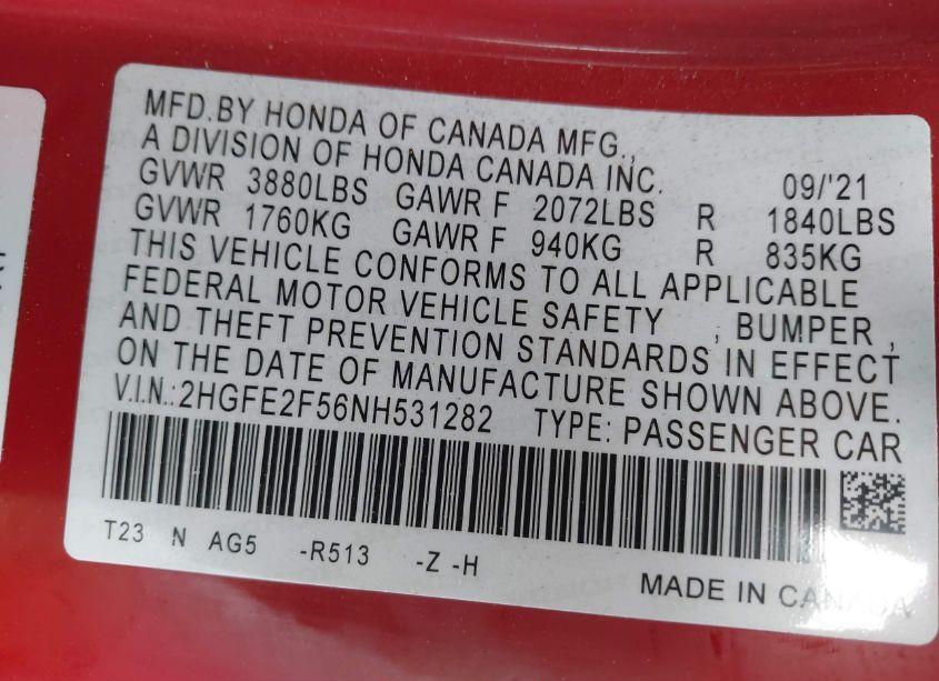 Photo 9 of 2022 Honda Civic SPORT (VIN 2HGFE2F56NH531282)