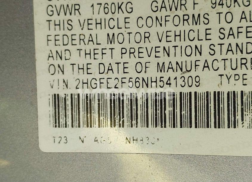 Photo 9 of 2022 Honda Civic SPORT (VIN 2HGFE2F56NH541309)