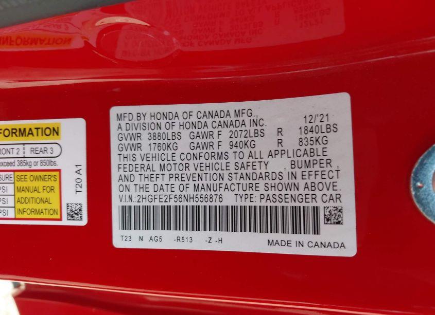 Photo 9 of 2022 Honda Civic SPORT (VIN 2HGFE2F56NH556876)