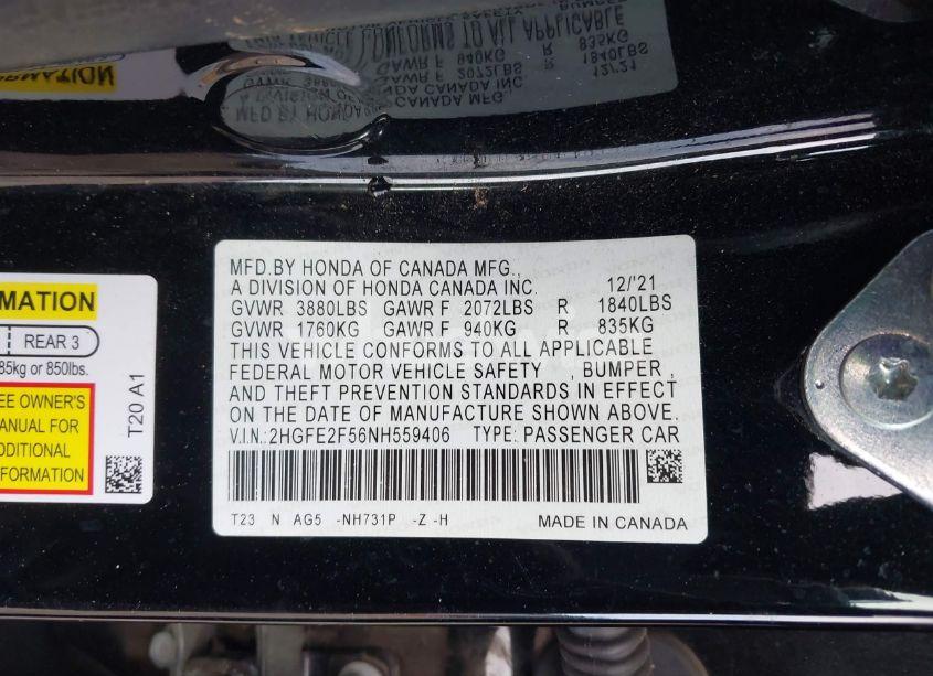 Photo 9 of 2022 Honda Civic SPORT (VIN 2HGFE2F56NH559406)