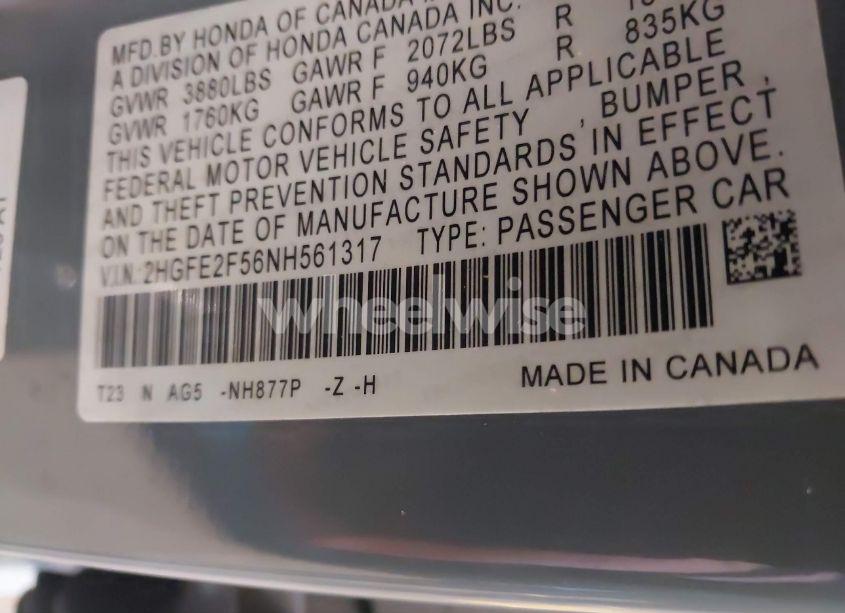 Photo 9 of 2022 Honda Civic SPORT (VIN 2HGFE2F56NH561317)