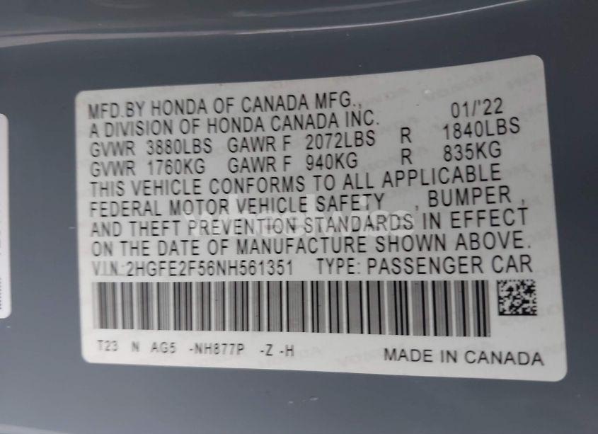 Photo 9 of 2022 Honda Civic SPORT (VIN 2HGFE2F56NH561351)