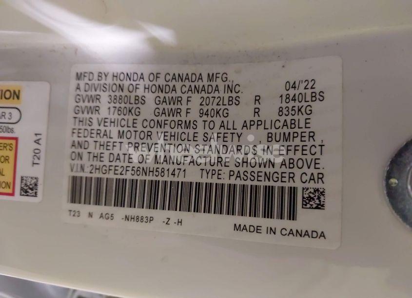 Photo 9 of 2022 Honda Civic SPORT (VIN 2HGFE2F56NH581471)