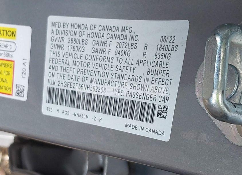 Photo 9 of 2022 Honda Civic SPORT (VIN 2HGFE2F56NH592308)
