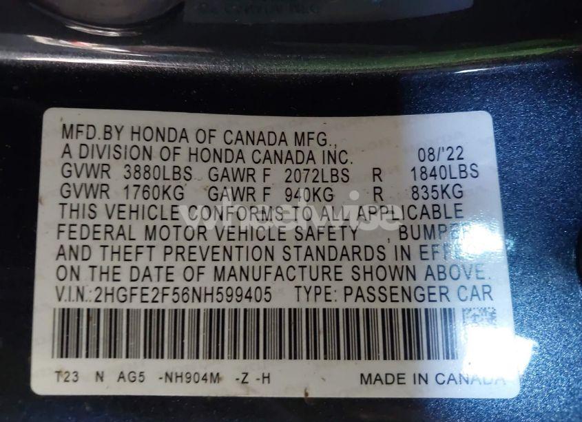 Photo 9 of 2022 Honda Civic SPORT (VIN 2HGFE2F56NH599405)