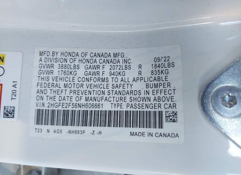 Photo 9 of 2022 Honda Civic SPORT (VIN 2HGFE2F56NH606661)