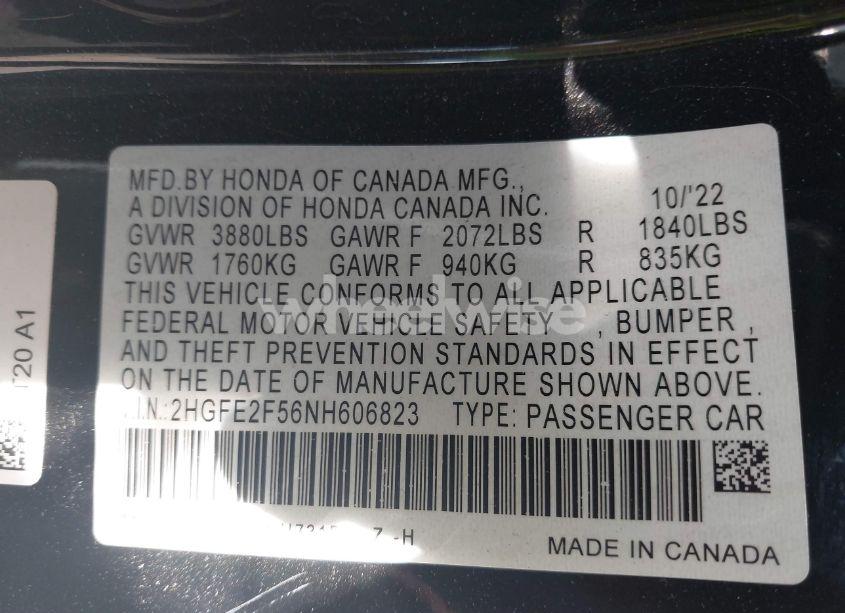 Photo 9 of 2022 Honda Civic SPORT (VIN 2HGFE2F56NH606823)